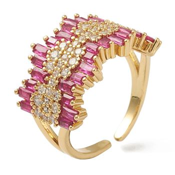 Brass Micro Pave Cubic Zirconia Cuff Rings, Open Rings, Deep Pink, Golden, US Size 6, Inner Diameter: 17mm