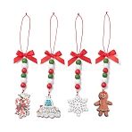 4Pcs Christmas Wooden Pendant Decorations, with Acrylic Imitation Pearl Beads and Polyester Bowknot, Mixed Shapes, Mixed Color, 195~240mm(HJEW-JM04477)