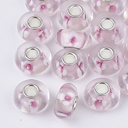 Handmade Lampwork European Beads, Inner Flower, Large Hole Beads, with Silver Color Plated Brass Single Cores, Rondelle, Misty Rose, 14x7.5mm, Hole: 4mm(LAMP-S193-004A)