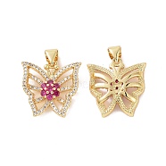 Brass Micro Pave Cubic Zirconia Pendants, Real 18K Gold Plated, Hollow Butterfly with Flower Charm, Deep Pink, 18.5x18x4mm, Hole: 3.5x4.5mm(ZIRC-I063-44G-03)