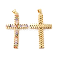 Brass Micro Pave Cubic Zirconia Pendants, Cross, Real 16K Gold Plated, 42x24x3.5mm, Hole: 4x3.5mm(ZIRC-L103-016G)