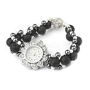 Natural Lava Rock Bracelets Watches, with Non-Magnetic Synthetic Hematite and Glass Beads, Alloy Rhinestone Watch Head and Magnetic Clasps, Black, 180x17.5mm(BJEW-JB03768)