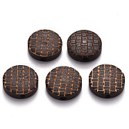 Painted Natural Wood Beads, Laser Engraved Pattern, Flat Round, Coconut Brown, 15x5mm, Hole: 1.8mm(X-WOOD-N006-05E)