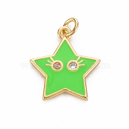 Brass Micro Pave Clear Cubic Zirconia Pendants, with Enamel & Jump Ring, Cadmium Free & Nickel Free & Lead Free, Star Smiling Face, Real 16K Gold Plated, Lime, 19x17x2mm, Jump Ring: 5x1mm, 3mm inner diameter(ZIRC-S067-065D-NR)