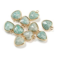 Natural Amazonite Faceted Heart Charms, with Golden Tone Brass Edge, 13.5x11x5mm, Hole: 1.6mm(G-Q006-07G-11)