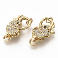 Brass Micro Pave Clear Cubic Zirconia Lobster Claw Clasps, with Jump Rings, Elephant, Real 16K Gold Plated, 21x13x6mm, Hole: 3mm(ZIRC-S066-012)