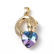 Real 18K Gold Plated Rack Plating Brass Micro Pave Clear Cubic Zirconia Pendants, with Glass, Long-Lasting Plated, Cadmium Free & Lead Free, Leopard with Heart Charm, Medium Purple, 28.5x17.5x8mm, Hole: 5x3.2mm(KK-C015-12G-13)