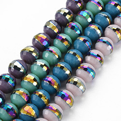 Electroplate Opaque Solid Color Glass Beads Strands, Multi-color Plated, Faceted, Round, Mixed Color, 10x9.5mm, Hole: 1.4mm, about 39~40pcs/strand, 14.17 inch~14.57 inch(36~37cm)(EGLA-N006-031-B)