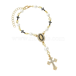 Brass Enamel & Shell Pearl Pendant Decorations, Cross, with Iron Chain and Alloy Lobster Claw Clasps, Golden, Black, 192mm(HJEW-YW00501-02)