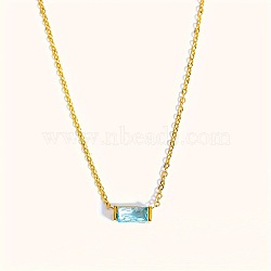 Birthstone Style Brass Cubic Zirconia Rectangle Pendant Necklaces for Women, Golden, Cyan, 15.75 inch(40cm)(FS-WGDF12C-03)