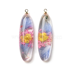 Inner Dried Flower Transparent Resin Pendants, with Brass Finding, Oval Charms, Lilac, 43.5x12x8mm, Hole: 1.8mm(RESI-A043-01A)