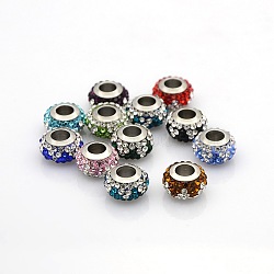 Nice Large Hole 304 Stainless Steel Polymer Clay Pave Two Tone Rhinestone European Beads, Rondelle, Mixed Color, 12x7mm, Hole: 5mm(CPDL-O002-01)