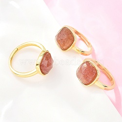 Natural Strawberry Quartz Finger Rings with Brass Findings, Square, Faceted, Rack Plating, Golden, 17mm(G-H353-04G-05)