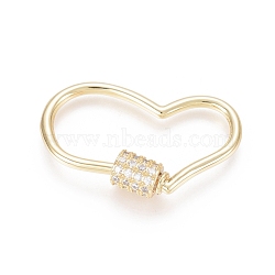 Brass Micro Pave Clear Cubic Zirconia Screw Carabiner Lock Charms, for Necklaces Making, Heart, Golden, 18.5x30.5x5.5mm(ZIRC-L085-05G)