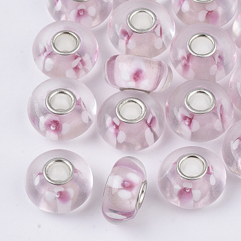 Handmade Lampwork European Beads, Inner Flower, Large Hole Beads, with Silver Color Plated Brass Single Cores, Rondelle, Misty Rose, 14x7.5mm, Hole: 4mm