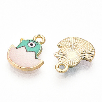 Printed Light Gold Tone Alloy Pendants, Chick in Egg Charms, Turquoise, 15.5x12.5x2mm, Hole: 1.6mm