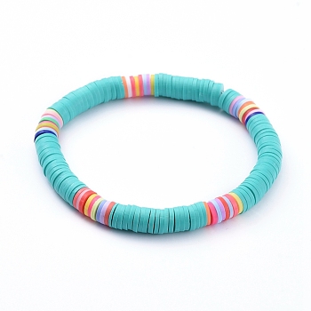 Handmade Polymer Clay Heishi Beads Stretch Bracelets, Medium Turquoise, 2-1/8 inch(5.3cm)