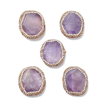 Natural Amethyst Beads, with Polymer Clay Rhinestone, Faceted, Nuggets, 29.5~31x26~27x7~9mm, Hole: 1mm