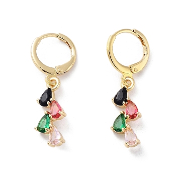 Rack Plating Brass Leverback Earrings, Teardrop Cubic Zirconia Dangle Earring for Women, Golden, Colorful, 30.5x7.5mm