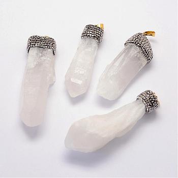 Natural Quartz Crystal Big Pendants, with Polymer Clay Rhinestones and Brass Findings, Golden, 56~68x14~19x13~16mm, Hole: 8x5mm