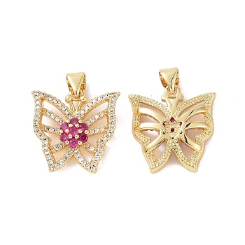 Brass Micro Pave Cubic Zirconia Pendants, Real 18K Gold Plated, Hollow Butterfly with Flower Charm, Deep Pink, 18.5x18x4mm, Hole: 3.5x4.5mm