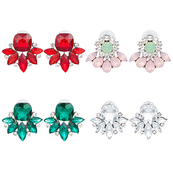 4 Pairs 4 Color Glass Flower Stud Earrings with Crystal Rhinestone, Gunmetal Alloy Jewelry for Women, Mixed Color, 23.5~30.5x25~31mm, Pin: 0.9mm, 1 Pair/color