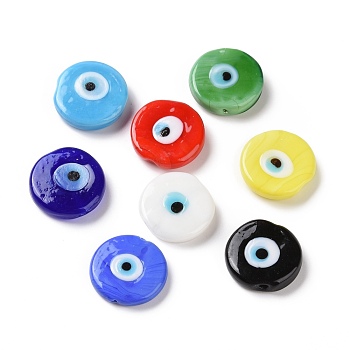 Handmade Evil Eye Lampwork Beads, Flat Round, Mixed Color, 17~17.5x4mm, Hole: 1.2mm