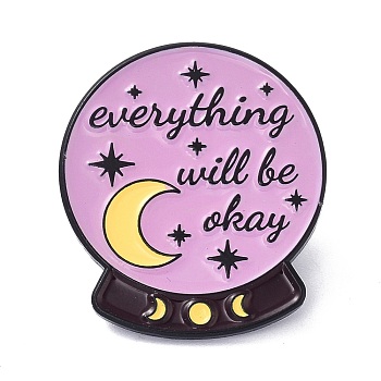 Everything Will Be Okay Enamel Pin, Moon & Star Crystal Ball Alloy Enamel Brooch for Backpacks Clothes, Electrophoresis Black, Violet, 27.5x24x11mm