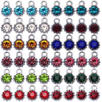 48Pcs 12 Colors Alloy Glass Rhinestone Charms, Birthstone Charms, Flat Round, Mixed Color, 10.5x7.5x4mm, Hole: 2.1mm, 4pcs/color