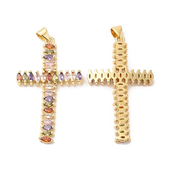 Brass Micro Pave Cubic Zirconia Pendants, Cross, Real 16K Gold Plated, 42x24x3.5mm, Hole: 4x3.5mm