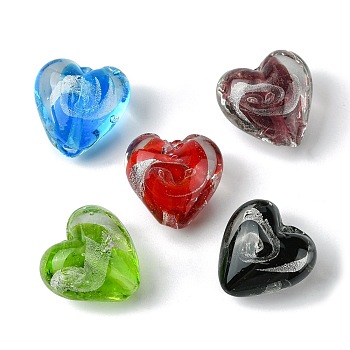 Handmade Silver Foil Glass Beads, Heart, Mixed Color, 20x21x12.5mm, Hole: 1.8mm
