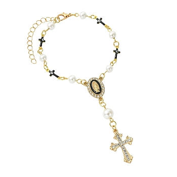 Brass Enamel & Shell Pearl Pendant Decorations, Cross, with Iron Chain and Alloy Lobster Claw Clasps, Golden, Black, 192mm