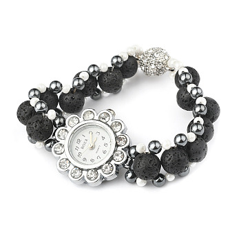 Natural Lava Rock Bracelets Watches, with Non-Magnetic Synthetic Hematite and Glass Beads, Alloy Rhinestone Watch Head and Magnetic Clasps, Black, 180x17.5mm