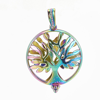 Plated Alloy Locket Pendants, Diffuser Locket, with Magnetic, Flat Round with Tree of Life, Colorful, 43x35x15.5mm, Hole: 6x3mm, Inner Measure: 32mm