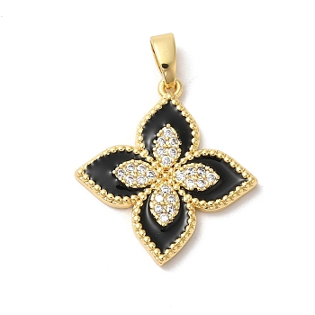 Rack Plating Brass Clear Cubic Zirconia Pendants, with Enamel, Long-Lasting Plated, Cadmium Free & Lead Free, Flower, Real 18K Gold Plated, 21.5x20x2mm, Hole: 5x3mm