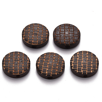 Painted Natural Wood Beads, Laser Engraved Pattern, Flat Round, Coconut Brown, 15x5mm, Hole: 1.8mm