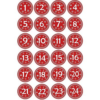 Christmas PVC Plastic Sticker Labels, Self-adhesion, for Suitcase, Skateboard, Refrigerator, Helmet, Mobile Phone Shell, Round, Christmas Themed Pattern, Nomber 1~24, Mixed Color, 45mm, 24pcs/sheet