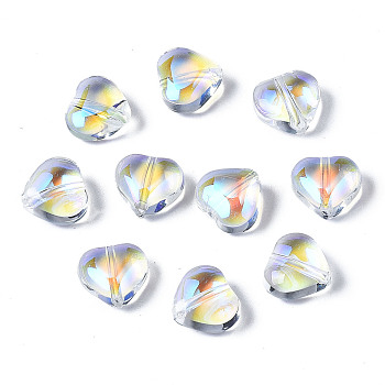 Transparent Glass Beads, AB Color Plated, Heart, Clear AB, 7.5x8x4.5mm, Hole: 0.9mm