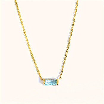 Birthstone Style Brass Cubic Zirconia Rectangle Pendant Necklaces for Women, Golden, Cyan, 15.75 inch(40cm)