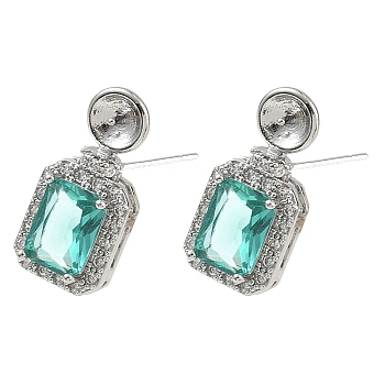 Brass Pave Cubic Zirconia Stud Earring Findings, Rectangle, with 925 Sterling Silver Pin, Platinum, 19x19.5mm, Pin: 0.7mm