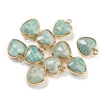 Natural Amazonite Faceted Heart Charms, with Golden Tone Brass Edge, 13.5x11x5mm, Hole: 1.6mm