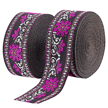 Ethnic Style Embroidery Polyester Ribbons, Jacquard Ribbon, Tyrolean Ribbon, Garment Accessories, Flower Pattern, Magenta, 1-1/4 inch(33mm), 0.5mm, about 7.66 Yards(7m)/pc