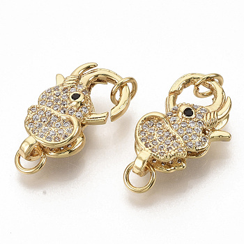 Brass Micro Pave Clear Cubic Zirconia Lobster Claw Clasps, with Jump Rings, Elephant, Real 16K Gold Plated, 21x13x6mm, Hole: 3mm