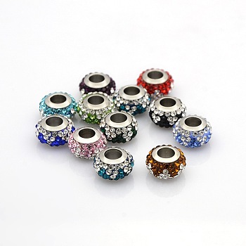 Nice Large Hole 304 Stainless Steel Polymer Clay Pave Two Tone Rhinestone European Beads, Rondelle, Mixed Color, 12x7mm, Hole: 5mm