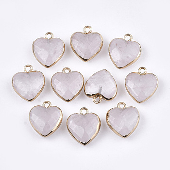 Electroplate Natural Quartz Crystal Pendants, with Cadmium Free & Nickel Free & Lead Free Iron Findings, Faceted, Heart, Golden, 16~17x14~15x6~7mm, Hole: 1.8mm