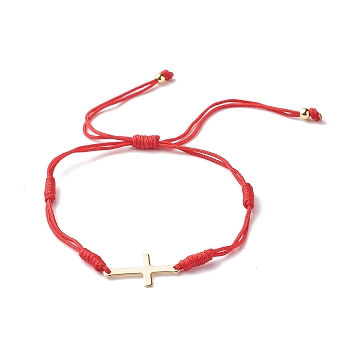 Adjustable Nylon Thread Cord Bracelets, with 304 Stainless Steel Cross Links and Brass Spacer Beads, Red, 0.2~0.3cm, Inner Diameter: 1-5/8~3-5/8 inch(4.2~9.2cm)