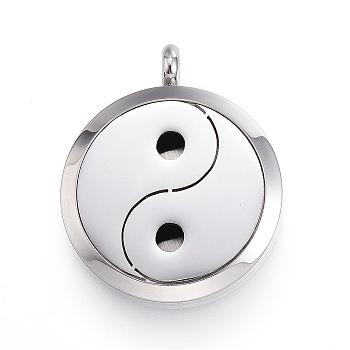 Feng Shui 304 Stainless Steel Diffuser Locket Pendants, with Perfume Pad and Magnetic Clasps, Flat Round with Yin and Yang, Black, 36.5~37x30x6.5~7mm, Hole: 5mm