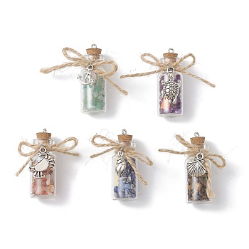 Glass Jar Glass Bottles Pendants, with Natural Mixed Gemstone Chips and Paper Slip Rolls inside, with Alloy Ocean Theme Charms, Clear, 41.5~42.5x16mm, Hole: 1.8mm