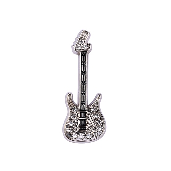 Alloy Rhinestone Brooches, Guitar Pins, Musical Instrument Pins, Platinum, 35x14mm