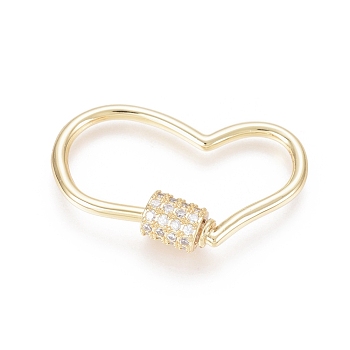Brass Micro Pave Clear Cubic Zirconia Screw Carabiner Lock Charms, for Necklaces Making, Heart, Golden, 18.5x30.5x5.5mm